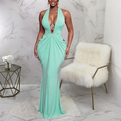 Women Clothing Elegant Halter V neck Sexy Backless Lace up Pleated Maxi Dress  DestGlow