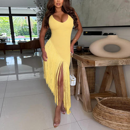 Women Sexy Strap Backless Tassel Stitching U Neck Dress  DestGlow
