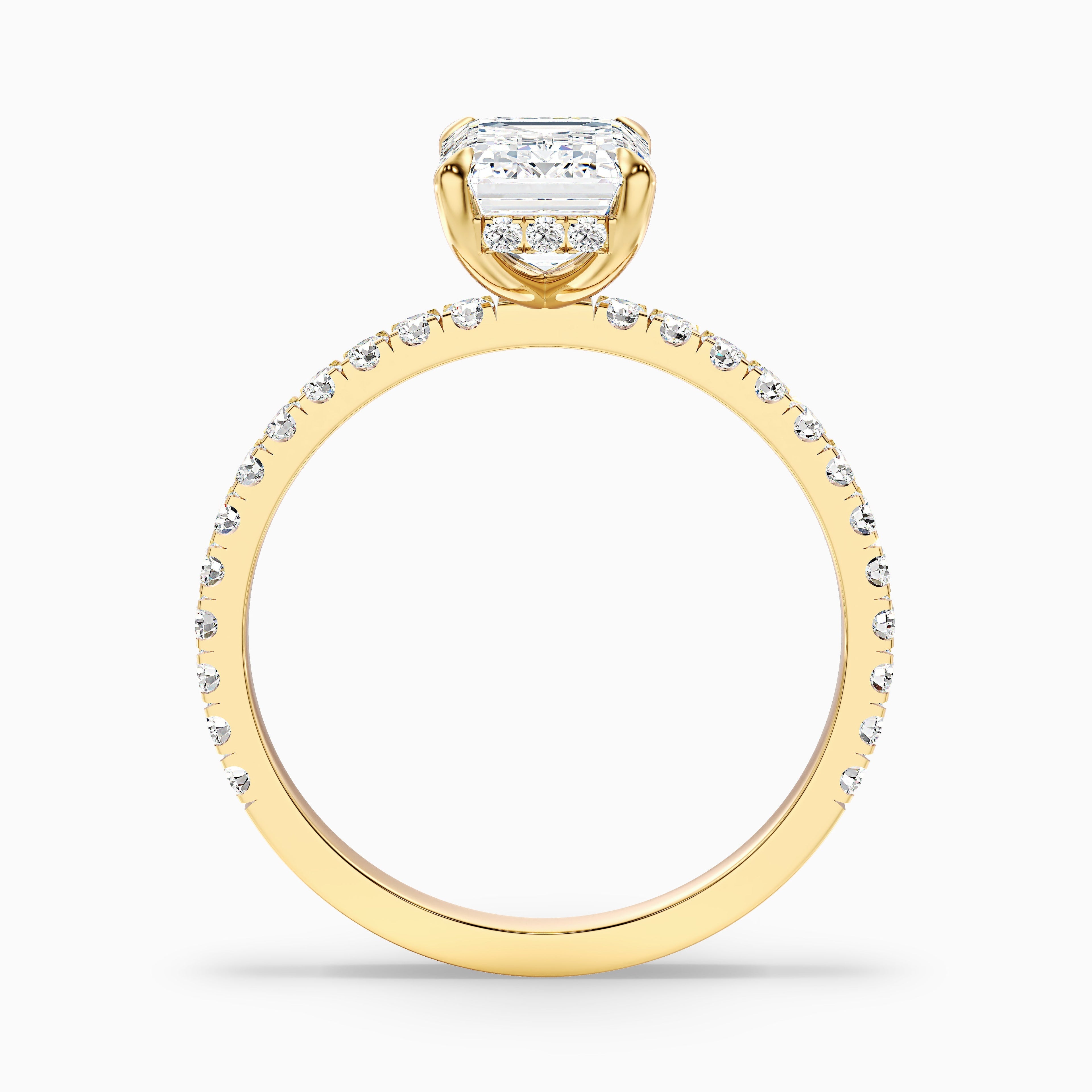 Ayla 3.5 Carat Emerald Cut Hidden Halo Pave Moissanite Diamond Ring in 10k Yellow Gold