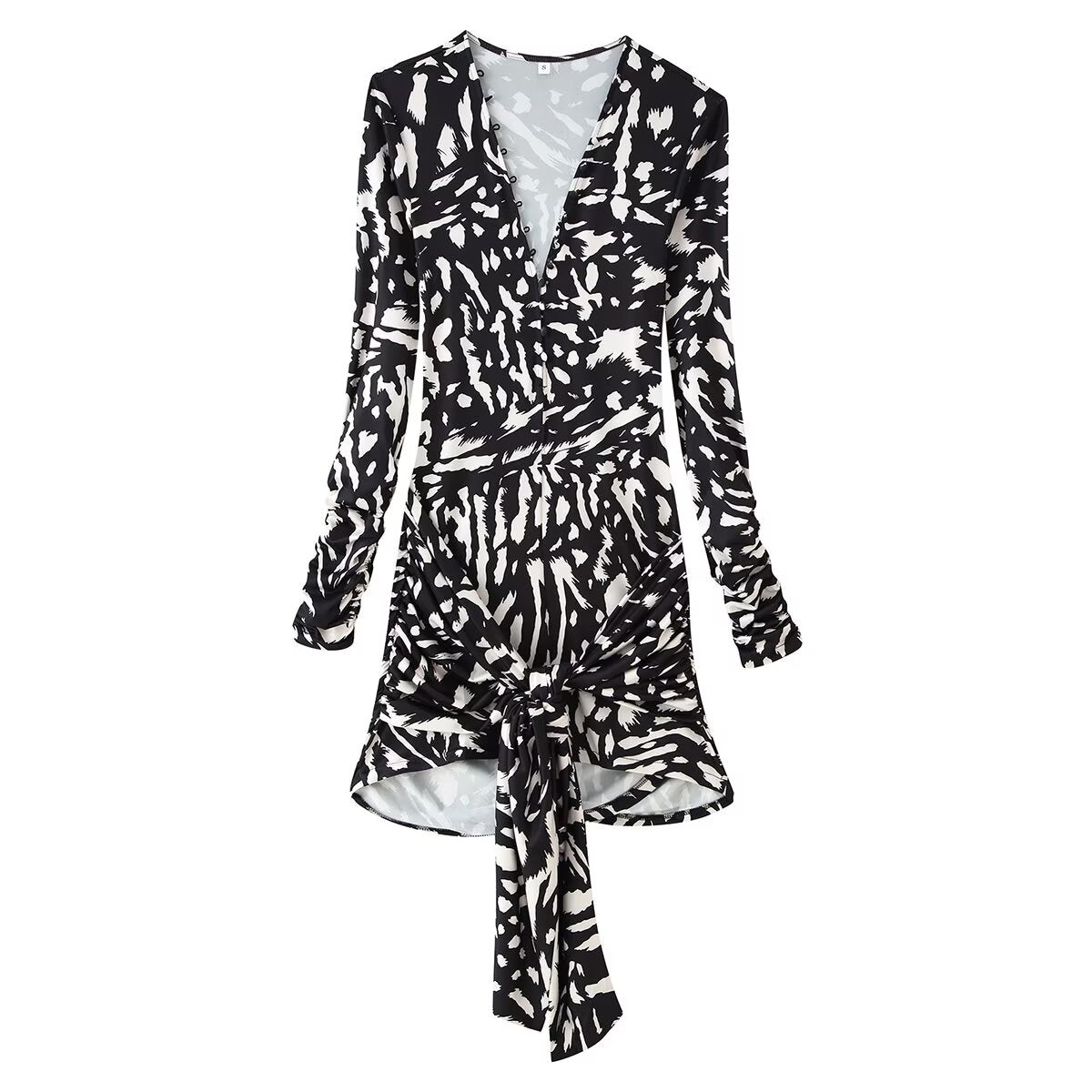 Zebra Print Tassel V neck Long Sleeve Short Dress Summer Women Waist Dress  DestGlow
