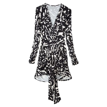 Zebra Print Tassel V neck Long Sleeve Short Dress Summer Women Waist Dress  DestGlow