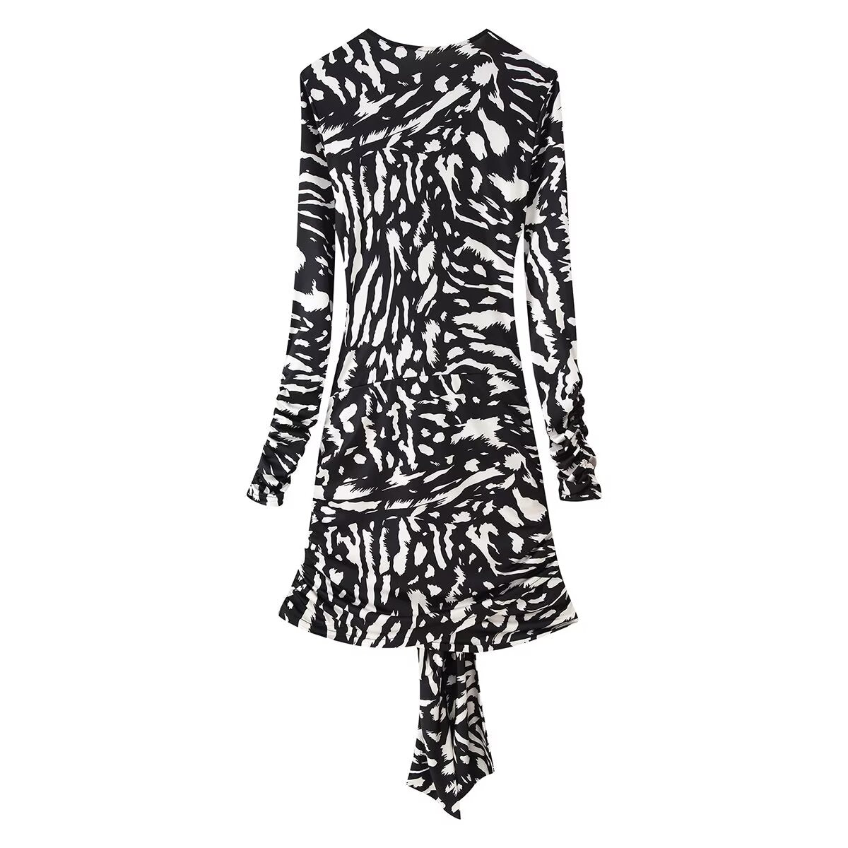 Zebra Print Tassel V neck Long Sleeve Short Dress Summer Women Waist Dress  DestGlow