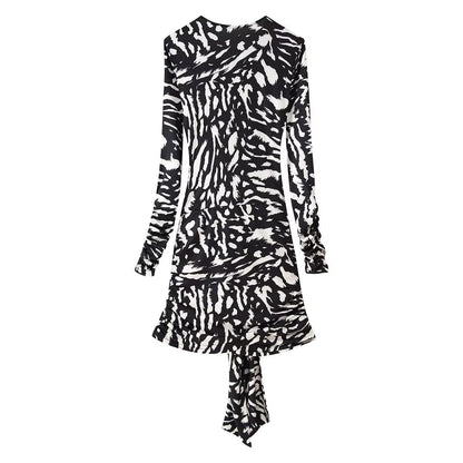 Zebra Print Tassel V neck Long Sleeve Short Dress Summer Women Waist Dress  DestGlow