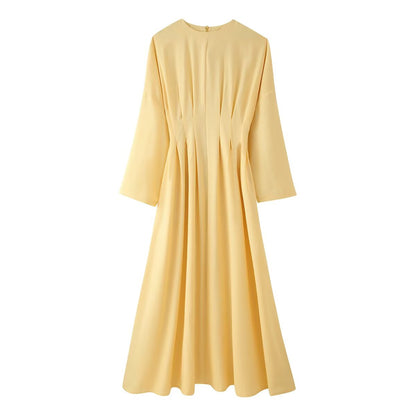 Summer Women Clothing Tumeric round Collar Waist Slimming Pleated A line Long Sleeve Dress  DestGlow