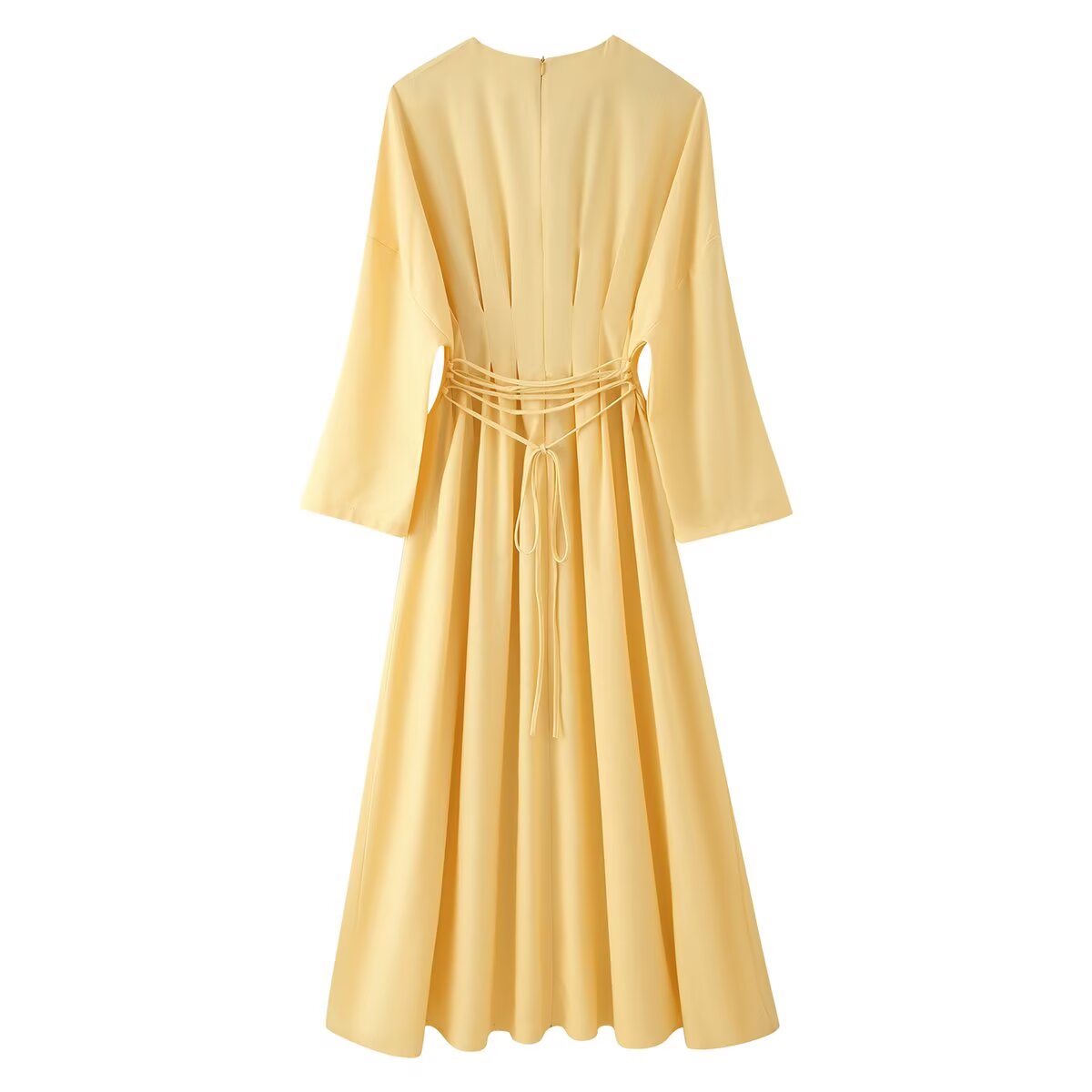 Summer Women Clothing Tumeric round Collar Waist Slimming Pleated A line Long Sleeve Dress  DestGlow