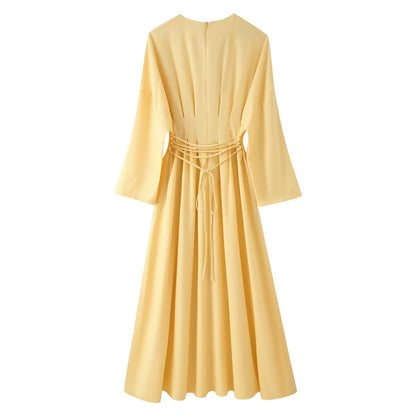 Summer Women Clothing Tumeric round Collar Waist Slimming Pleated A line Long Sleeve Dress  DestGlow