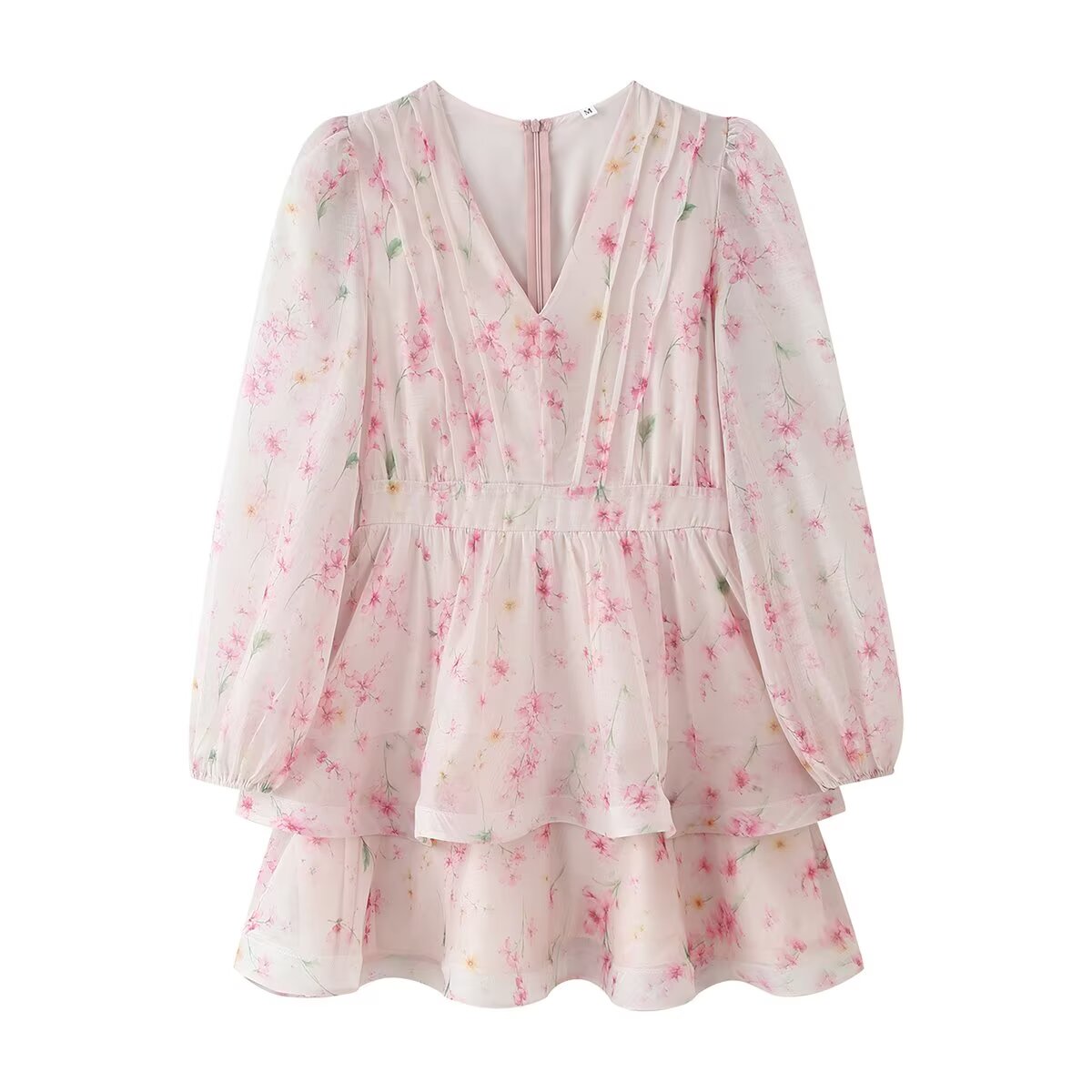 Women Clothing French Sweet Loose Printed Long Sleeve Laminated V neck Dress  DestGlow
