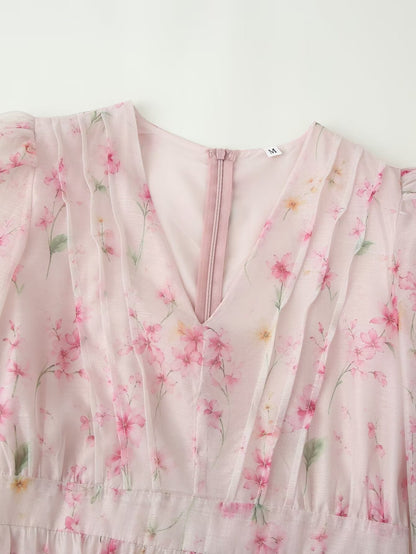 Women Clothing French Sweet Loose Printed Long Sleeve Laminated V neck Dress  DestGlow
