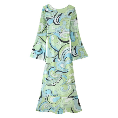 Women Clothes Flared Sleeves Printing Backless Dress  DestGlow
