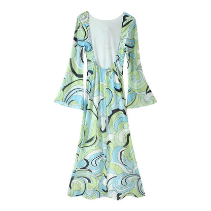 Women Clothes Flared Sleeves Printing Backless Dress  DestGlow