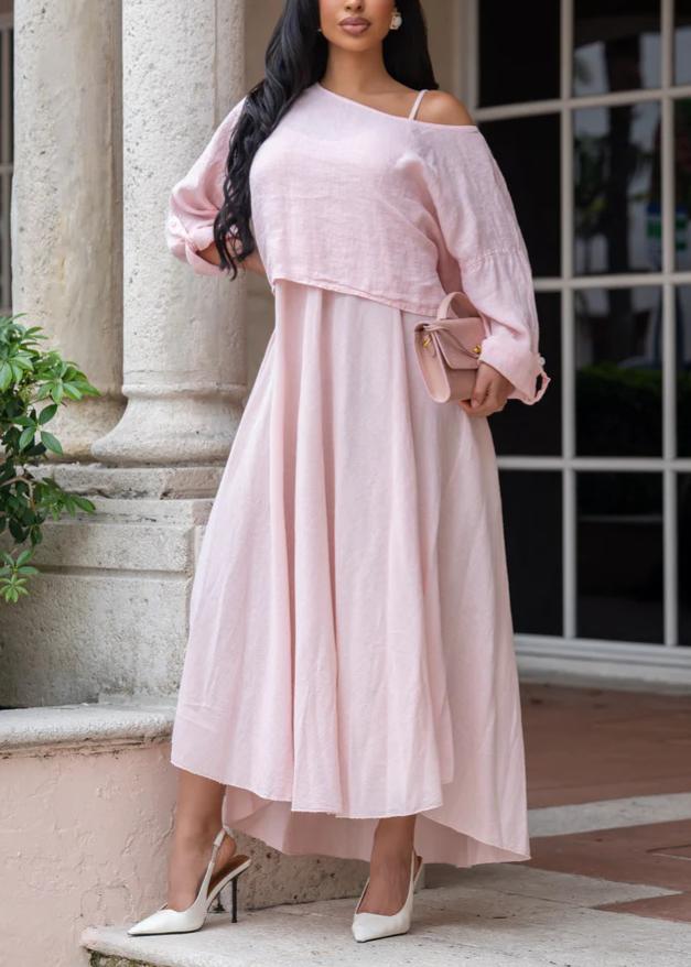 Summer Autumn Solid Color Casual Loose Strap Dress Diagonal Collar Loose Long Sleeve Two Piece Dress Set  DestGlow