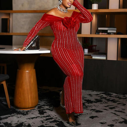 Off Shoulder Rhinestone Contrast Color Corsage Long Sleeve Dress Cocktail Dress  DestGlow