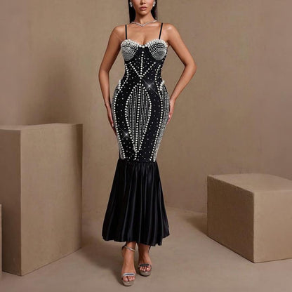 Women Clothes Sexy Tube Top Package Hip Beaded Rhinestone Jumpsuit Cocktail Dress  DestGlow