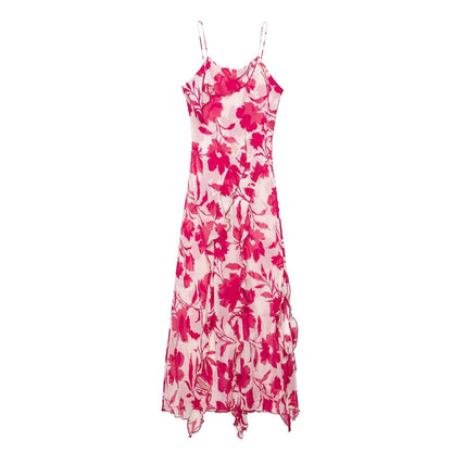 Vacation Laminated Decoration Printed Underwear Backless Strap Dress  DestGlow