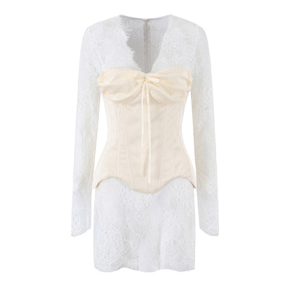 Women Clothing Summer French Lace See through Short Dress Satin Boning Corset Two Piece Sets Evening Dress  DestGlow