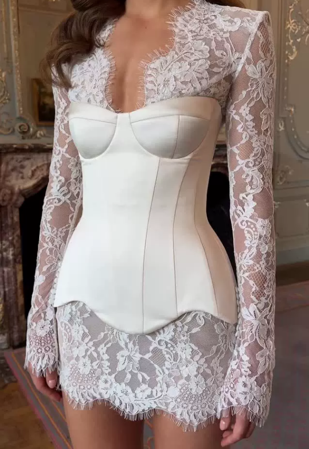 Women Clothing Summer Arrival French Lace See Through Short Dress Satin Boning Corset Set Evening Gown  DestGlow
