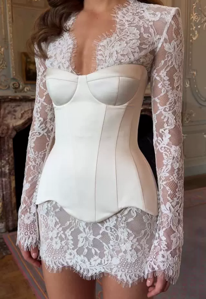 Women Clothing Summer Arrival French Lace See Through Short Dress Satin Boning Corset Set Evening Gown  DestGlow