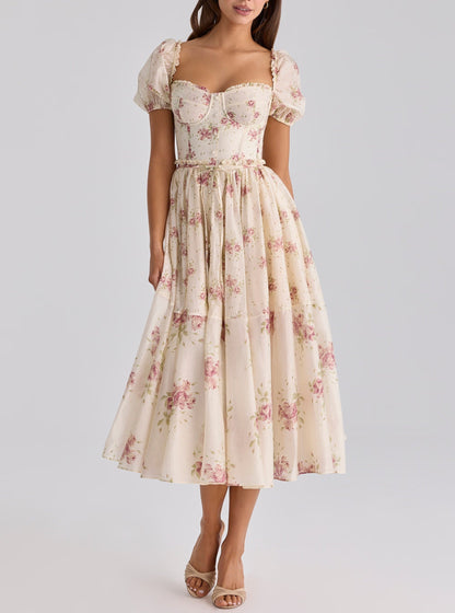 Sweet Romantic Vacation Printed Maxi Dress Puff Sleeve Waist Dress  DestGlow