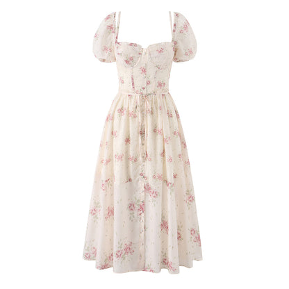 Sweet Romantic Vacation Printed Maxi Dress Puff Sleeve Waist Dress  DestGlow