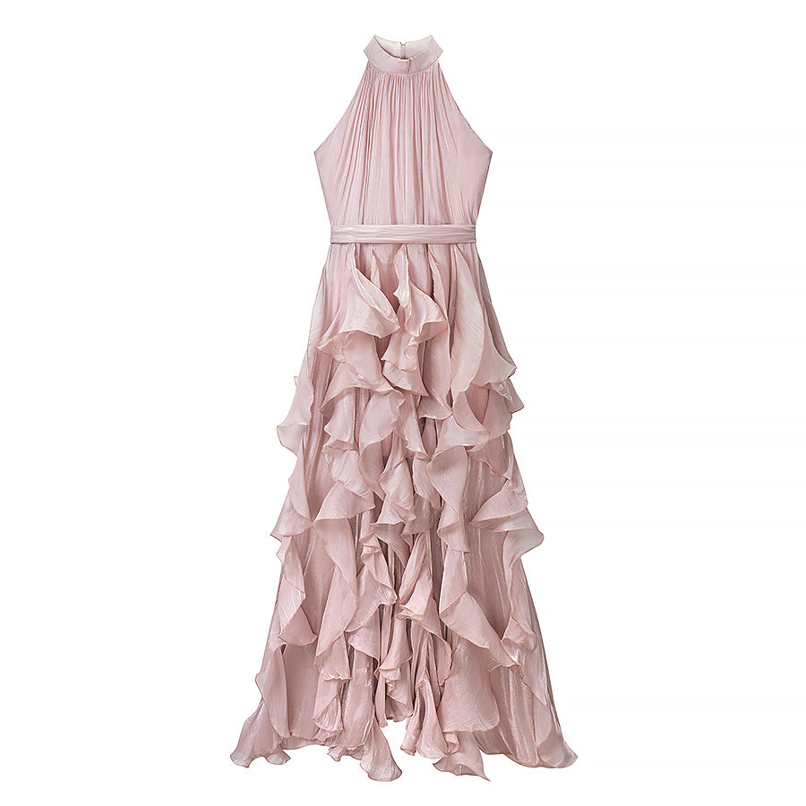 Women Clothing Summer Slimming Lace up Halterneck Sleeveless Ruffled Maxi Dress  DestGlow