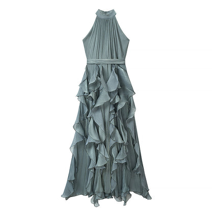 Women Clothing Summer Slimming Lace up Halterneck Sleeveless Ruffled Maxi Dress  DestGlow