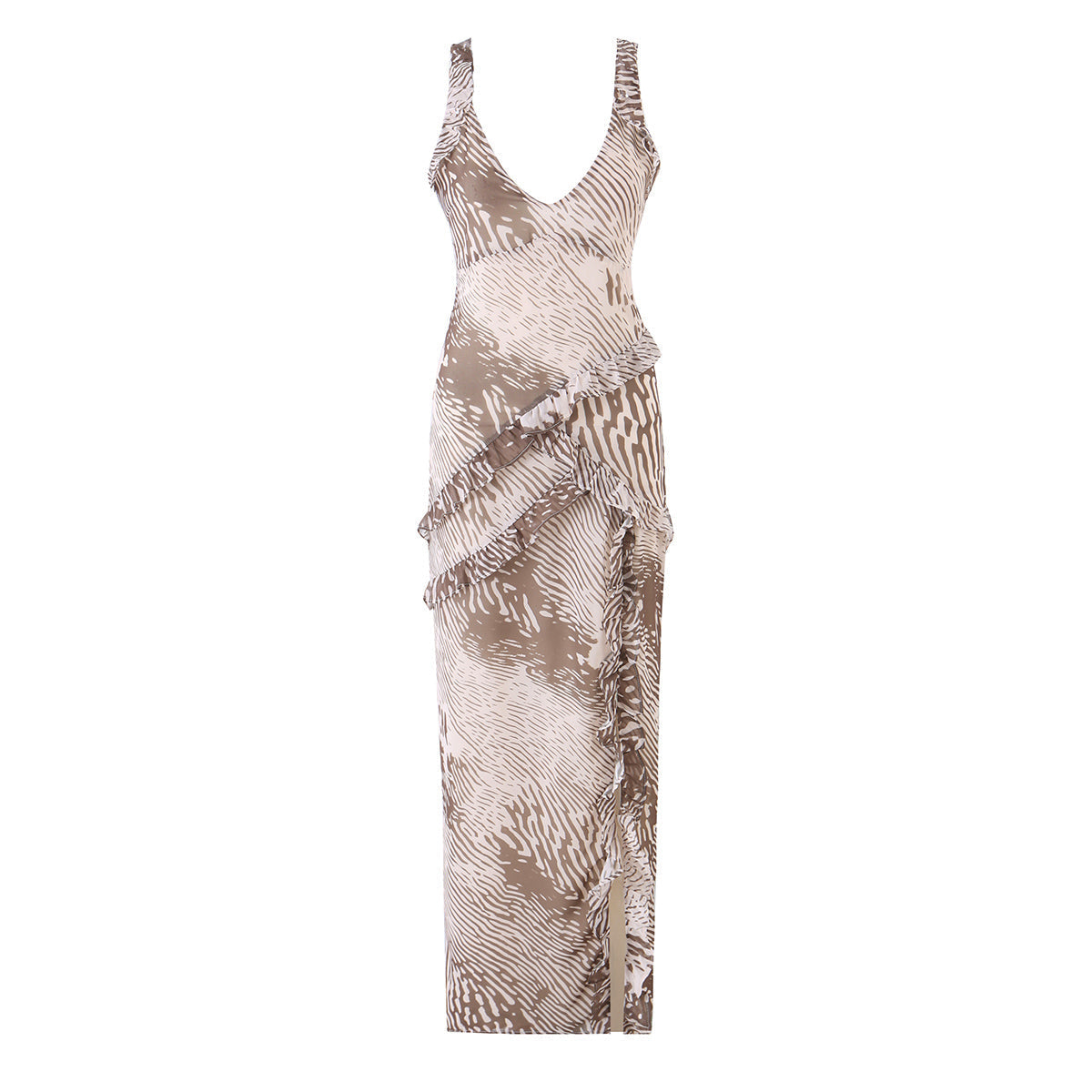Summer Women Clothing Elegant Slim V neck Sleeveless Zebra Print Chiffon Ruffled Dress  DestGlow