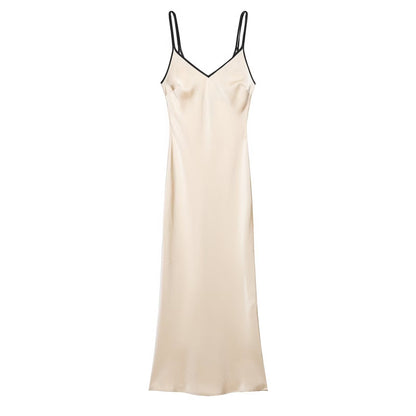 Women Clothing Summer Slim Fit Contrast Colors Trim Silk Satin Texture Dress  DestGlow