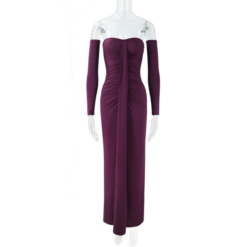 Women Clothing Autumn Wrapped Chest Pleated Slim Independent Sleeve Length Dress  DestGlow