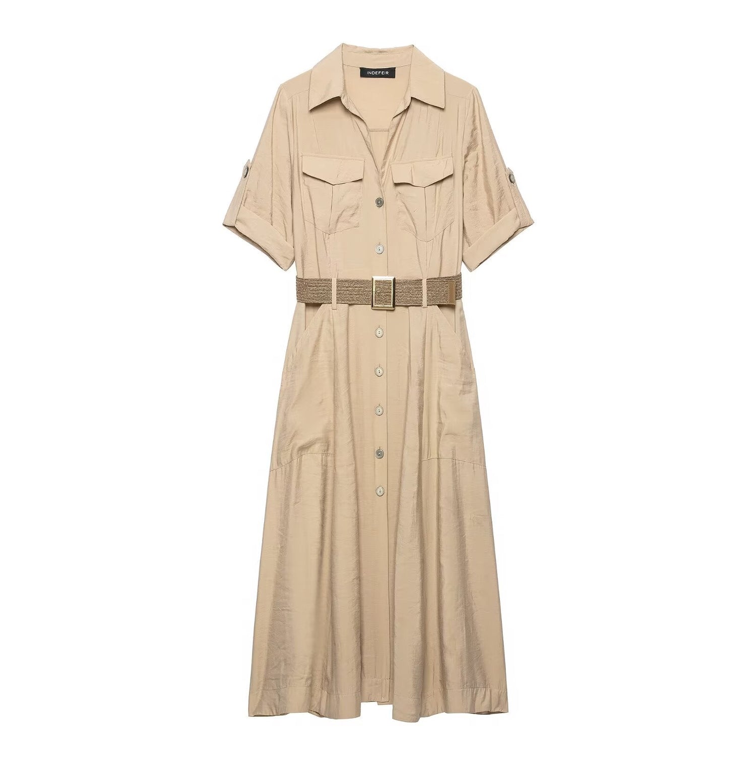 Women Clothing Office with Belt Shirt Short Sleeve Dress  DestGlow