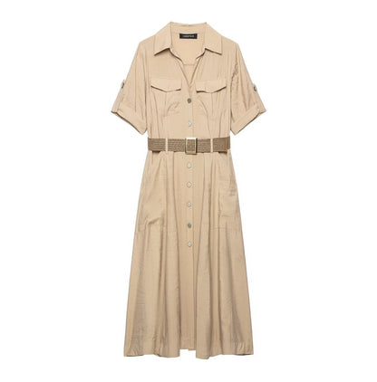 Women Clothing Office with Belt Shirt Short Sleeve Dress  DestGlow