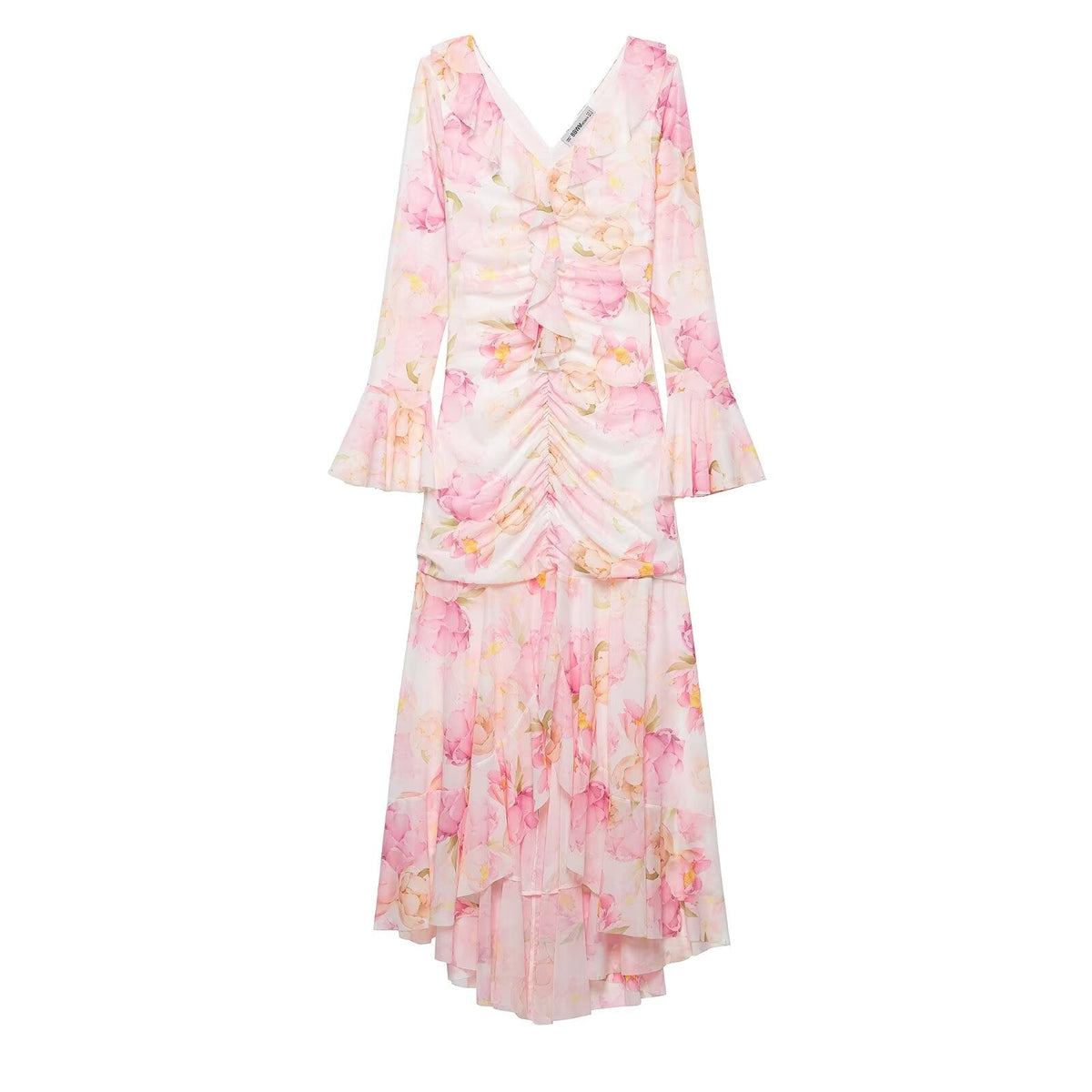Summer Women Sexy Slim Printed Long Sleeve V neck Flounce Maxi Dress  DestGlow