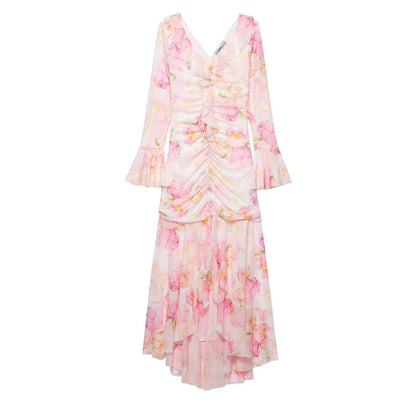 Summer Women Sexy Slim Printed Long Sleeve V neck Flounce Maxi Dress  DestGlow
