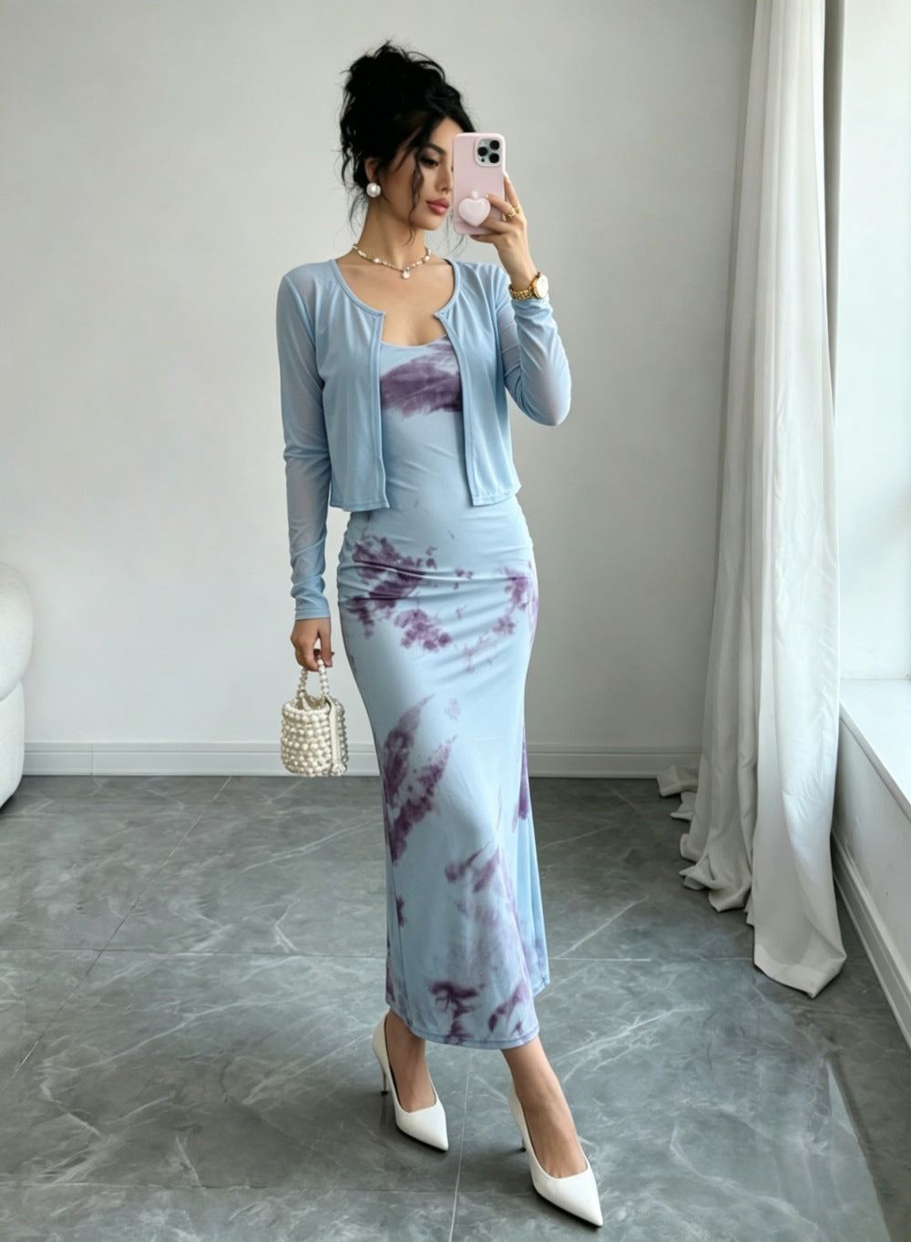 Spring Autumn French Blue Holiday Sexy Wear Slimming Tight Waist Strap Floral Sheath Dress  DestGlow