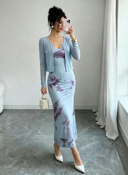 Spring Autumn French Blue Holiday Sexy Wear Slimming Tight Waist Strap Floral Sheath Dress  DestGlow
