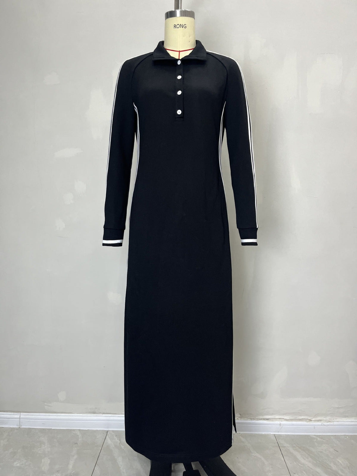Maxi Dress Women Simple White Piping Collar Decorated with Buttons Sweater Dress  DestGlow