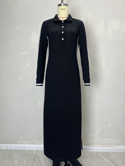 Maxi Dress Women Simple White Piping Collar Decorated with Buttons Sweater Dress  DestGlow