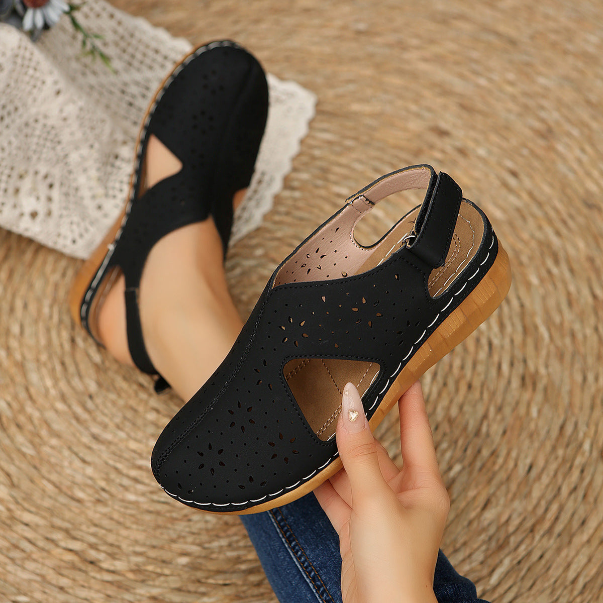 Hollow Out Cutout out Breathable Velcro Thick Bottom Cool Women Wedge Stitching Toe Cap Beach Slippers  DestGlow