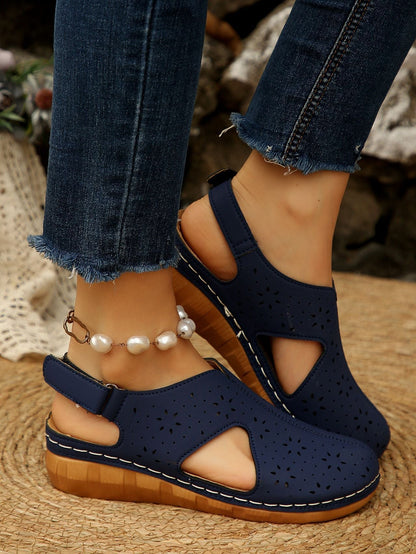 Hollow Out Cutout out Breathable Velcro Thick Bottom Cool Women Wedge Stitching Toe Cap Beach Slippers  DestGlow