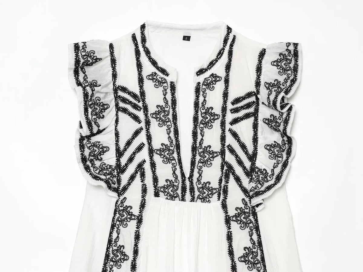 Women Clothing Summer Casual Loose Contrast Color Embroidered Dress  DestGlow