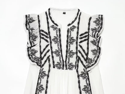 Women Clothing Summer Casual Loose Contrast Color Embroidered Dress  DestGlow