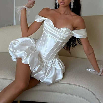 Women Clothing Fashionable Elegant Slim off Shoulder Boning Corset Waist Bud Puff Short Dress  DestGlow