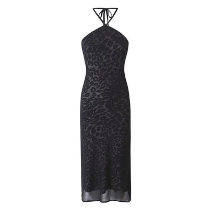Vintage Leopard Print Halter Spaghetti Straps Dress Women Sexy Big Backless Slim Fit Seaside Holiday Midi Dress  DestGlow