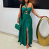 Popular Halter Cut out Lace up Party Evening Dress Satin Side Split Dress  DestGlow