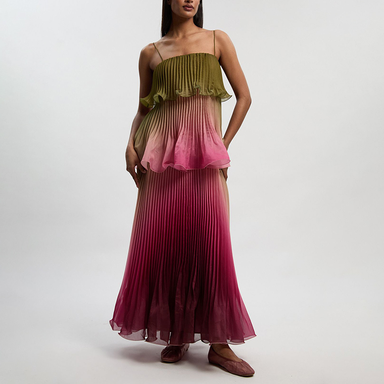Women Clothing Summer Gradient Vacation Ruffled Pleated Layered Cami Dress  DestGlow