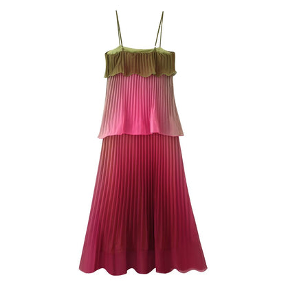 Women Clothing Summer Gradient Vacation Ruffled Pleated Layered Cami Dress  DestGlow