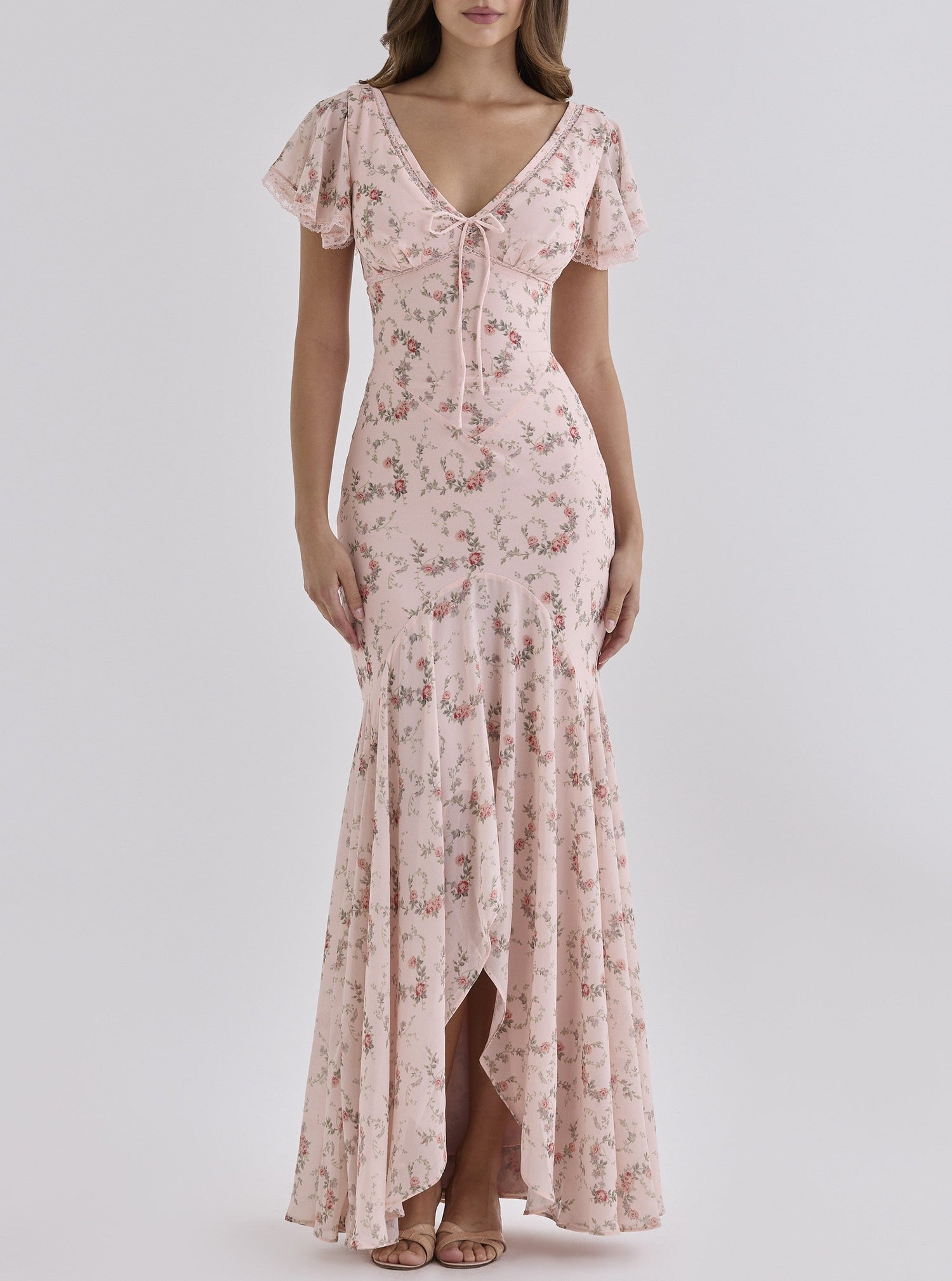 Romantic Pastoral Printed Dress V neck Irregular Asymmetric Slim Fit Dress  DestGlow