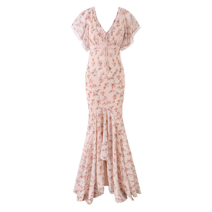 Romantic Pastoral Printed Dress V neck Irregular Asymmetric Slim Fit Dress  DestGlow