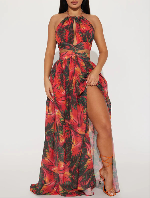 Summer Halterneck Printed Waist Tight Cropped Outfit Sleeveless Backless Long Split Sexy Vacation Dress  DestGlow