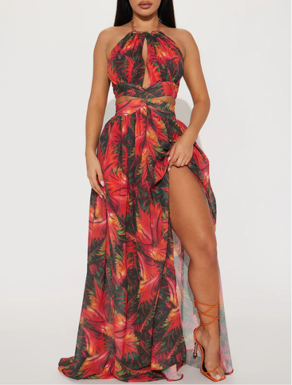 Summer Halterneck Printed Waist Tight Cropped Outfit Sleeveless Backless Long Split Sexy Vacation Dress  DestGlow