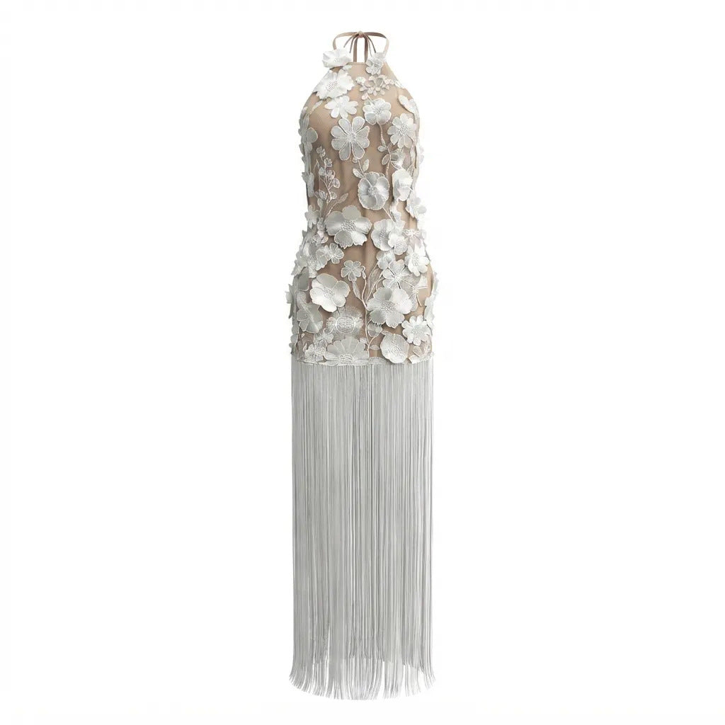 Elegant Embroidered Three Dimensional Floral Mesh Tassel Backless Halter Formal Dress  DestGlow